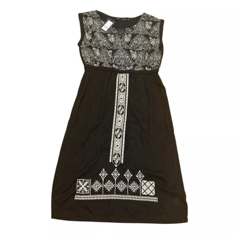 Cover up black cream embroidery summer dress resort indie boho vacation NWT 14